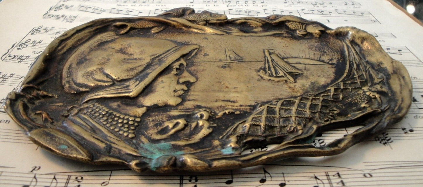 Antique French Art Nouveau bronze tray (maritime scene, fish, boat) c1920