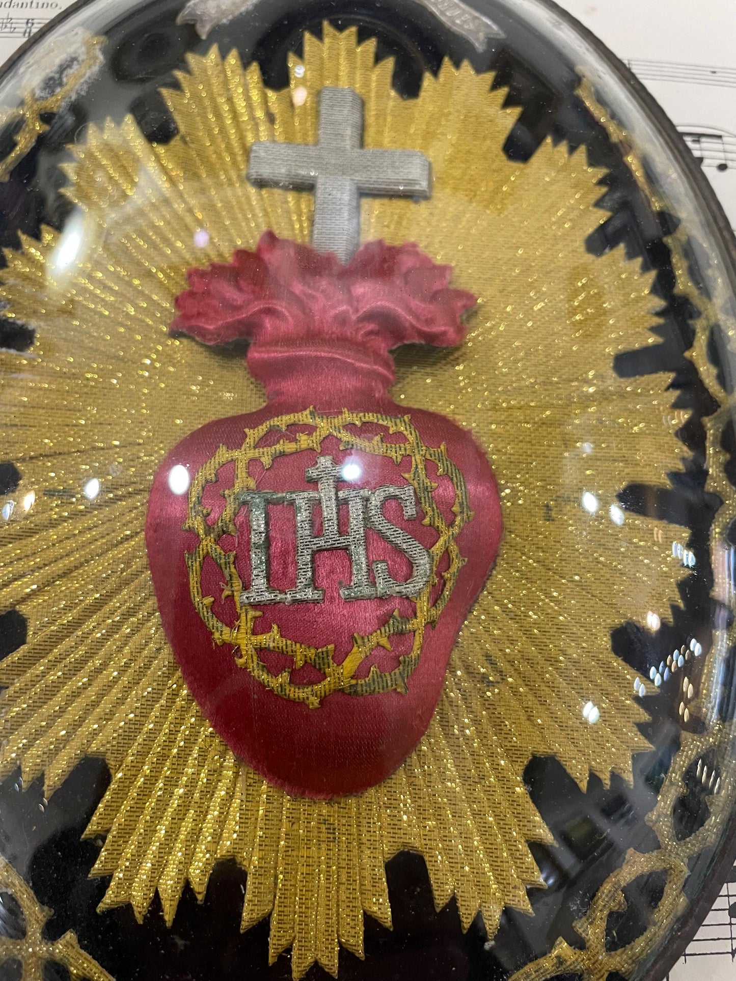 Large Antique French Reliquary / Ex Voto Sacred Heart under Domed Glass c1880