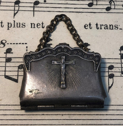 Antique French Souvenir Photos Pendant / Purse Jesus Sacred Heart c.1910