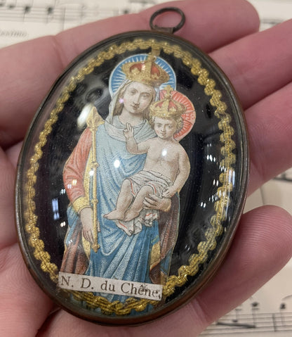 Small Antique French Reliquary / Ex Voto Madonna & Child under Domed Glass c1880