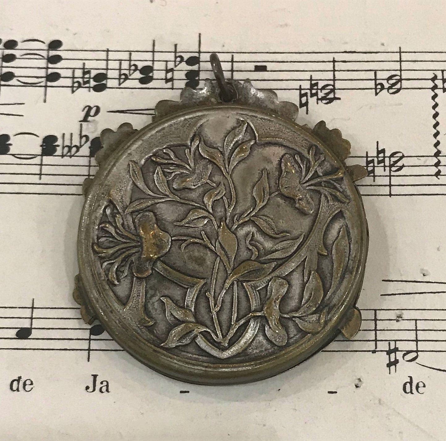 Antique French Art Nouveau Sliding Mirror Pendant Woman Hat Signed c1900