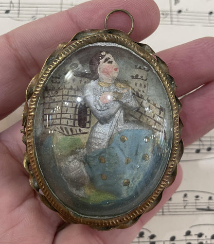 Rare Antique French Carved Plaster Joan of Arc under Domed Glass c1900