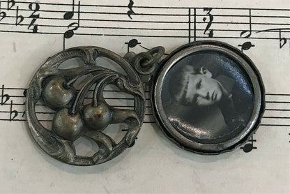 Antique French Art Nouveau Sliding Pendant Photo Holder Cherries c1920
