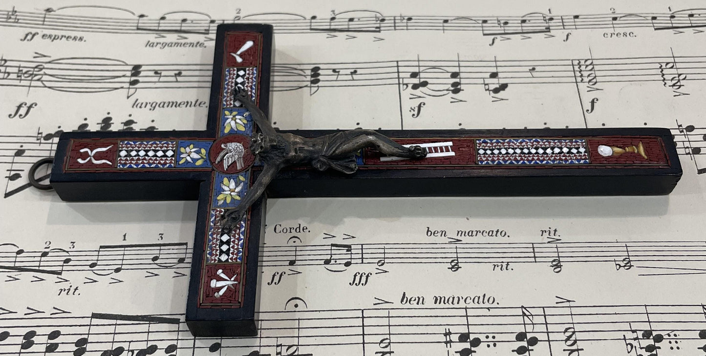 Rare Antique Italian Micro Mosaic Micromosaic Cross Crucifix Bird Set in Wood c1900