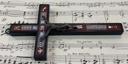 Rare Antique Italian Micro Mosaic Micromosaic Cross Crucifix Bird Set in Wood c1900