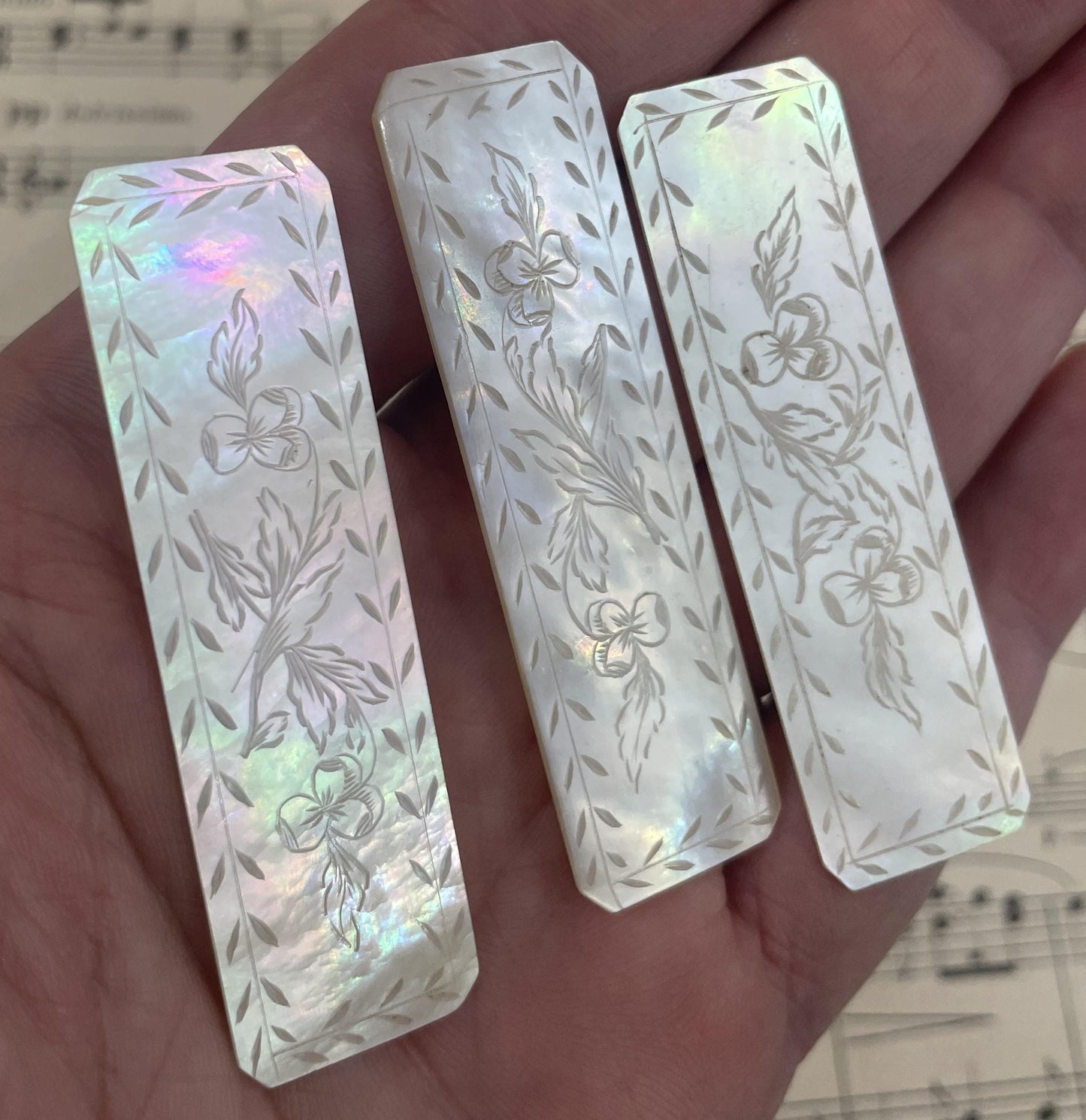 Antique French Carved Mother of Pearl Game Pieces Pansy Lot of 3 c1860