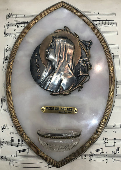 Large Antique French Art Nouveau Bronze Onyx Holy Water Font Virgin Mary Lily by Poncet c1900