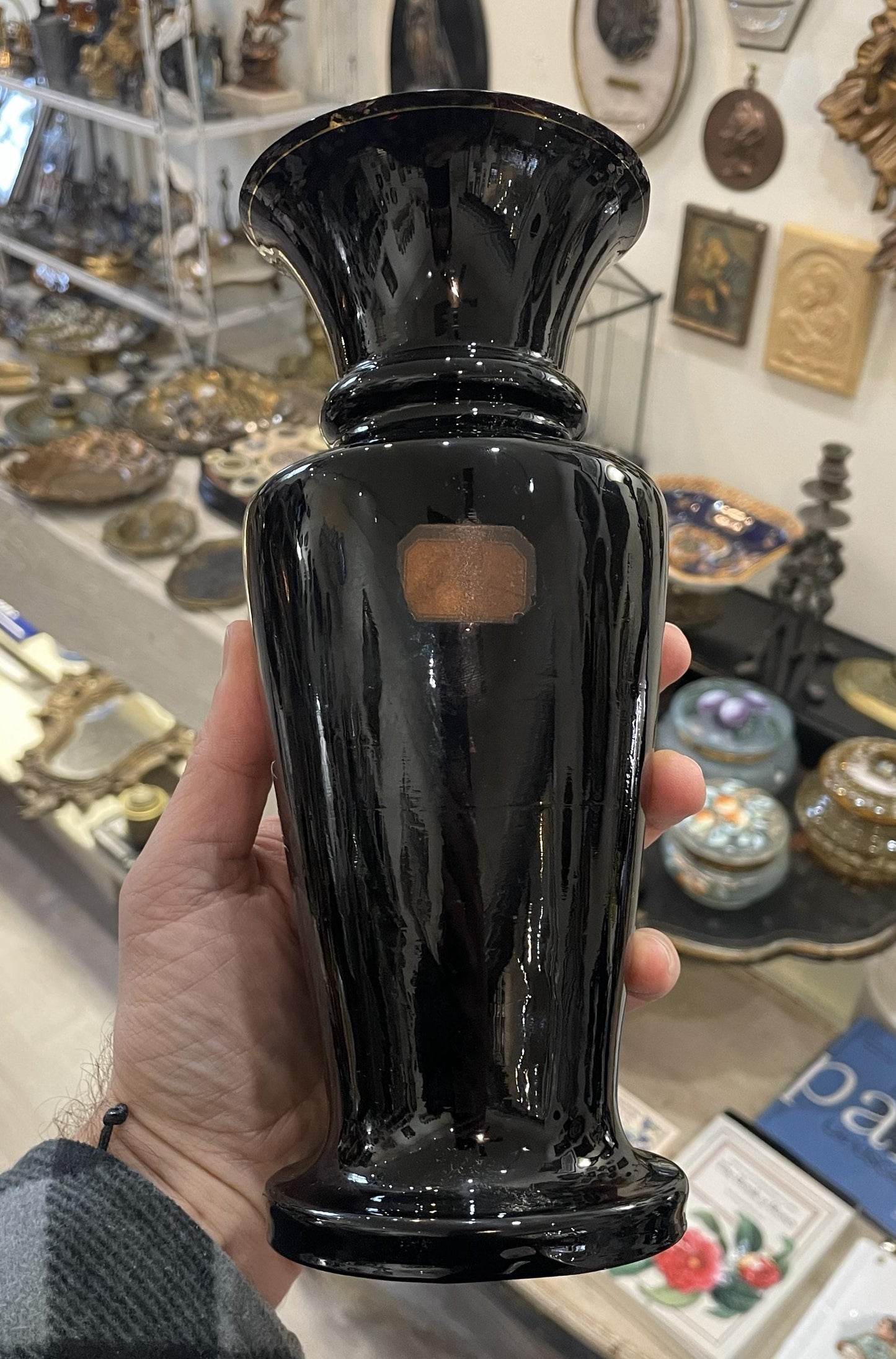 Rare Antique French Black Glass Hand Painted Enameled Vase Mary Gregory c1900