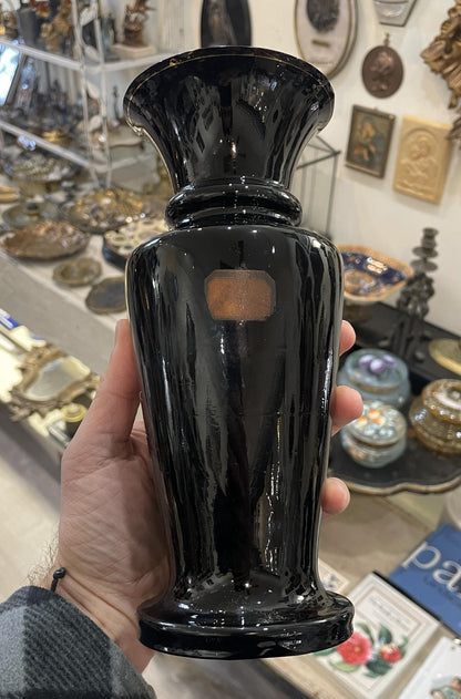 Rare Antique French Black Glass Hand Painted Enameled Vase Mary Gregory c1900