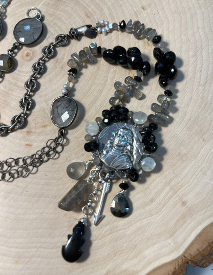 Joan of Arc necklace with labradorite, black tourmaline and pyrite on filigree
