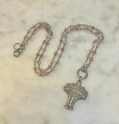 Vintage Sterling Mother Mary necklace with rubies, white sapphires and sterling silver components