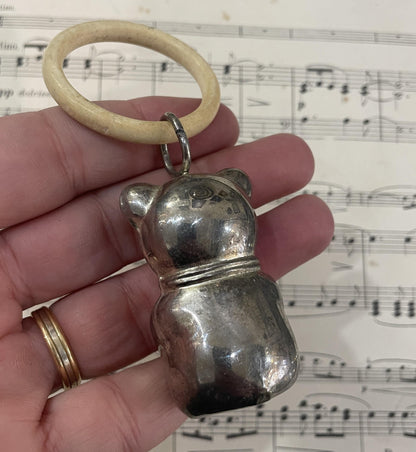 Antique French Art Nouveau Silver Plated Baby Rattle Teething Ring Teddy Bear c1920
