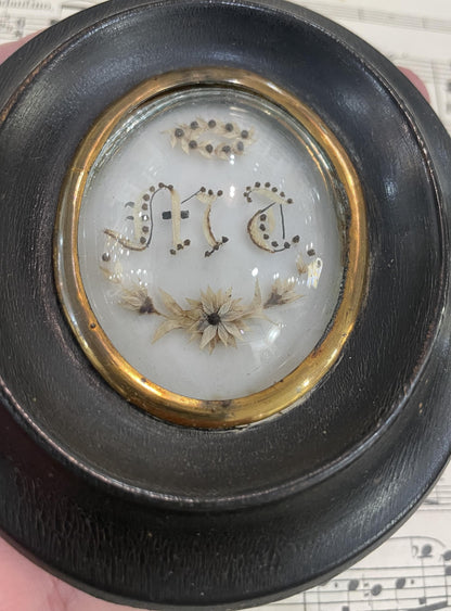Small Antique French Mourning Hair Art Domed Glass Wooden Frame Flower Crown c1880