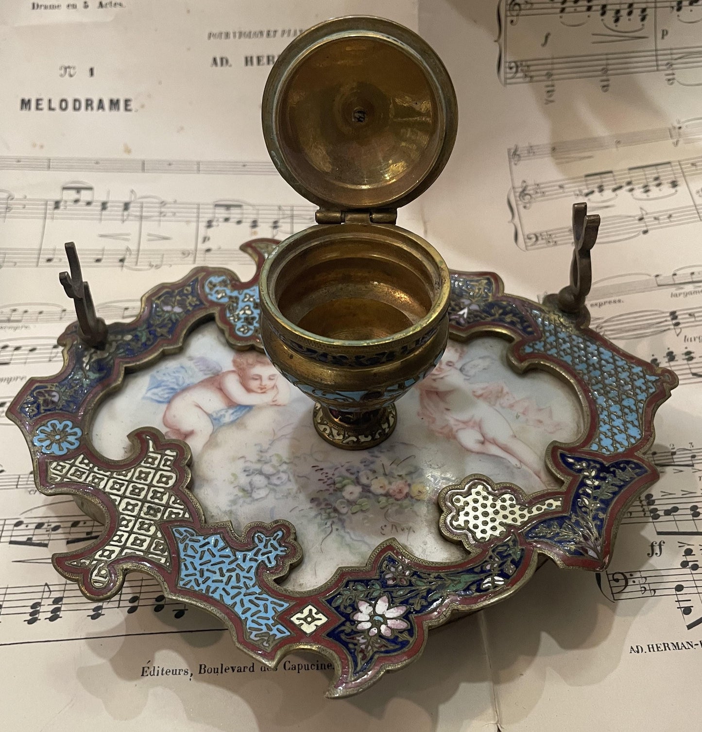 Rare Antique French Champleve Enamel Bronze Hand Painted Angels Ink Well Inkwell c1880