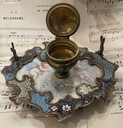 Rare Antique French Champleve Enamel Bronze Hand Painted Angels Ink Well Inkwell c1880