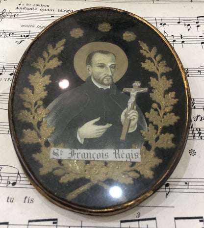 Antique French Reliquary / Ex Voto Saint Francis Regis under Glass c1880