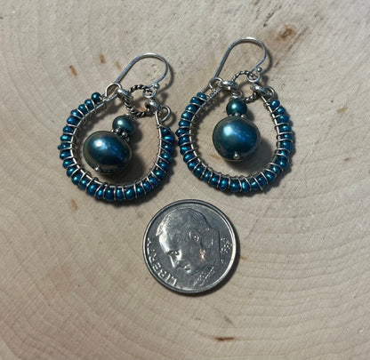 Blue pearl woven earrings with sterling silver wire