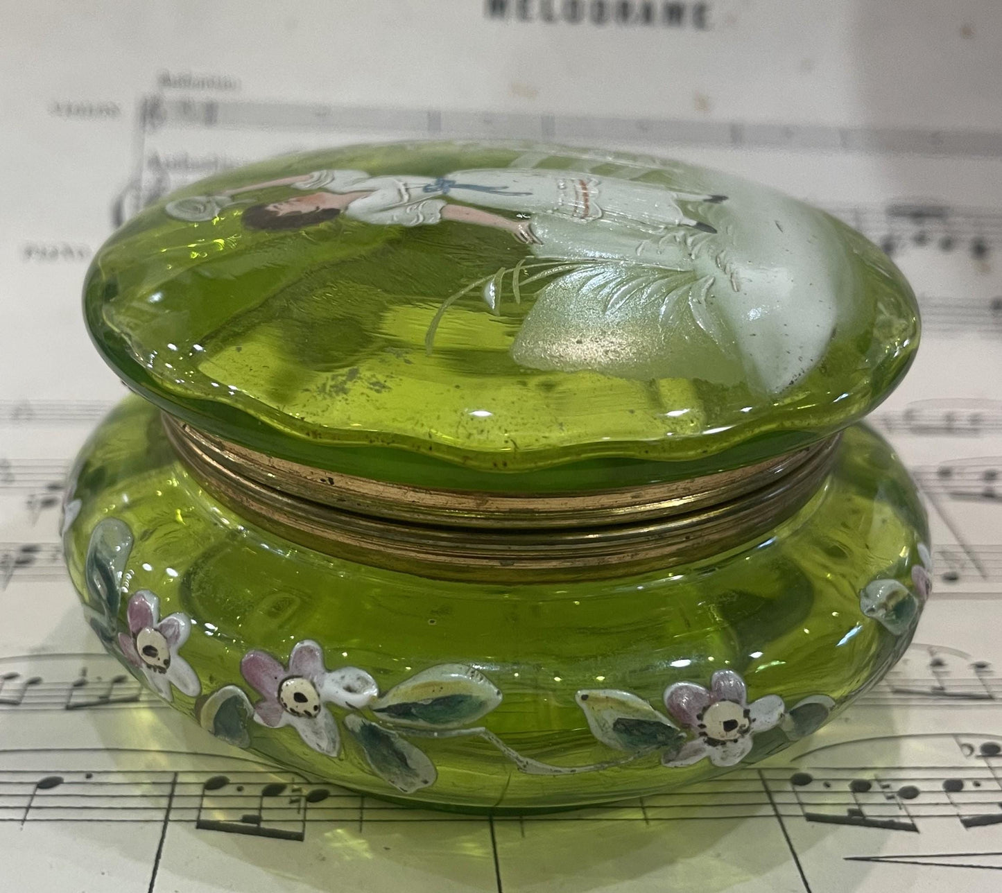 Rare Antique French Gilt Brass Green Glass Hand Painted Enameled Box Mary Gregory c1900