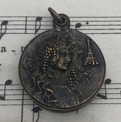 Antique French Art Nouveau Sliding Pendant Woman Eiffel Tower c1920