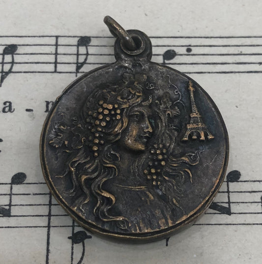 Antique French Art Nouveau Sliding Pendant Woman Eiffel Tower c1920