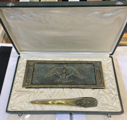 Rare Antique French Max Le Verrier Bronze Set Tray Letter Opener Eagle Original Box c1940