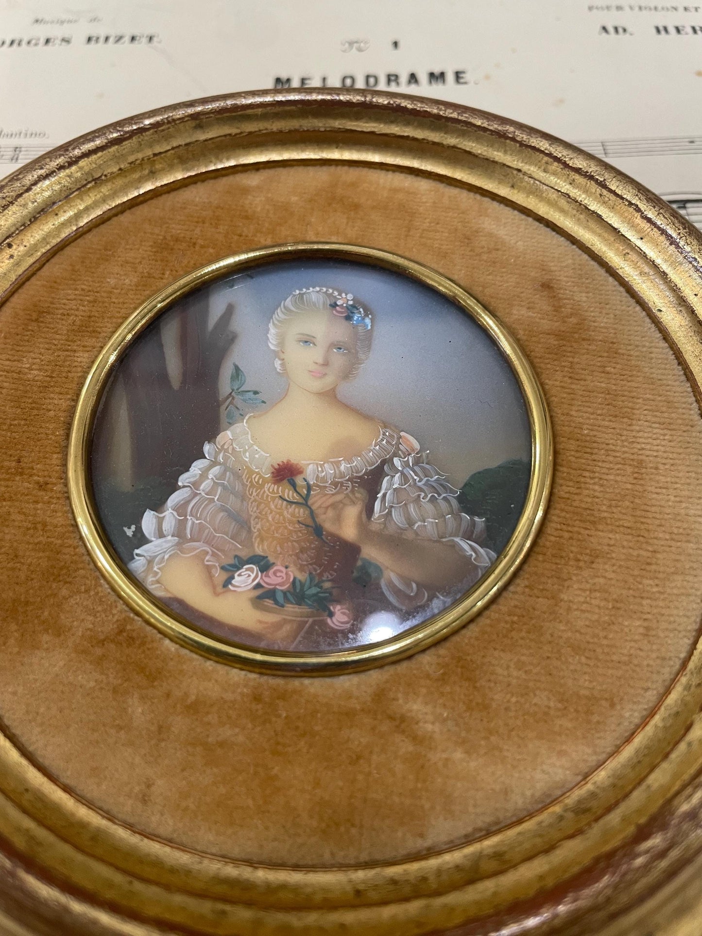 Antique French Miniature Woman Portrait Velvet Glass Roses c1920
