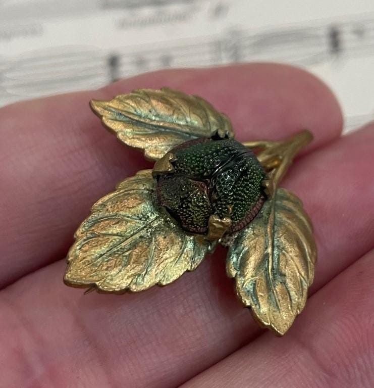 Rare Antique English Art Nouveau Real Scarab Brooch Pin Leaves c1900