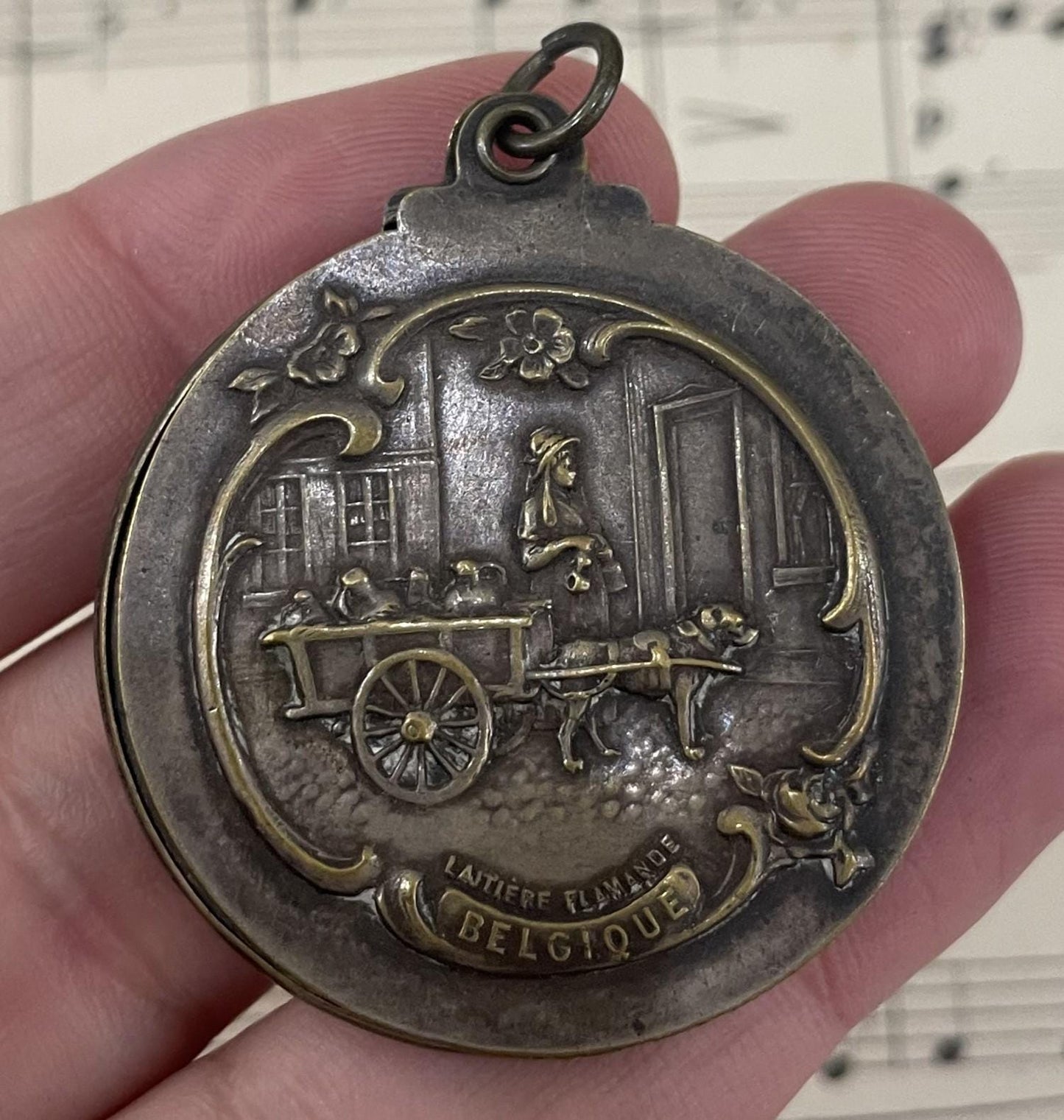 Antique Belgian Art Nouveau Sliding Mirror Pendant Flemish Milk Woman c1920