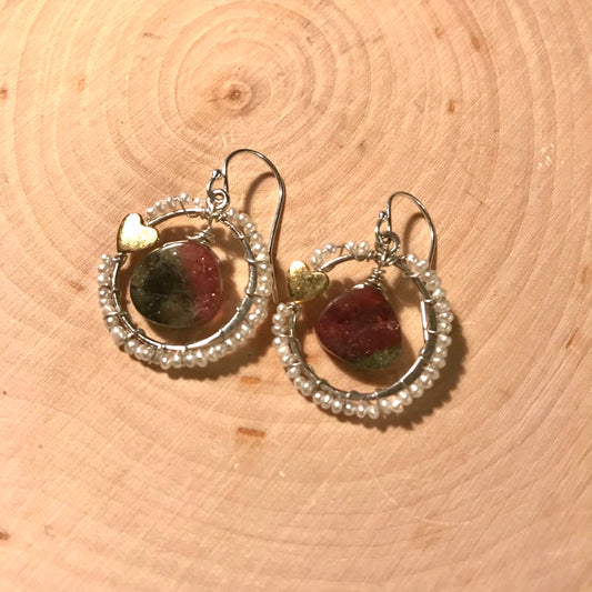 Tourmaline and pearl earrings with sterling silver and gold wash heart