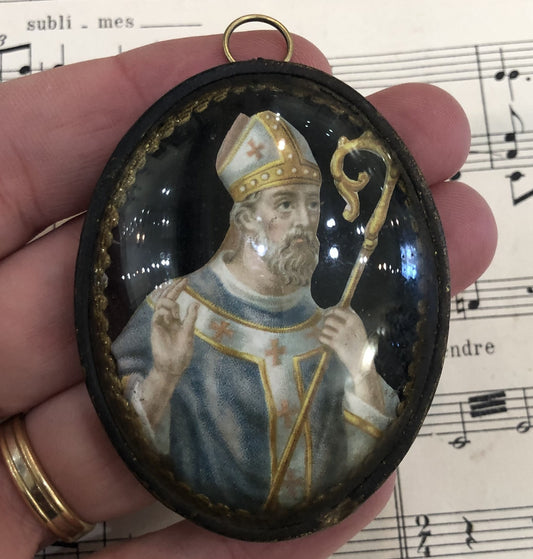 Rare Antique French Reliquary Ex Voto Saint Eloi / Eligius under Glass c1880