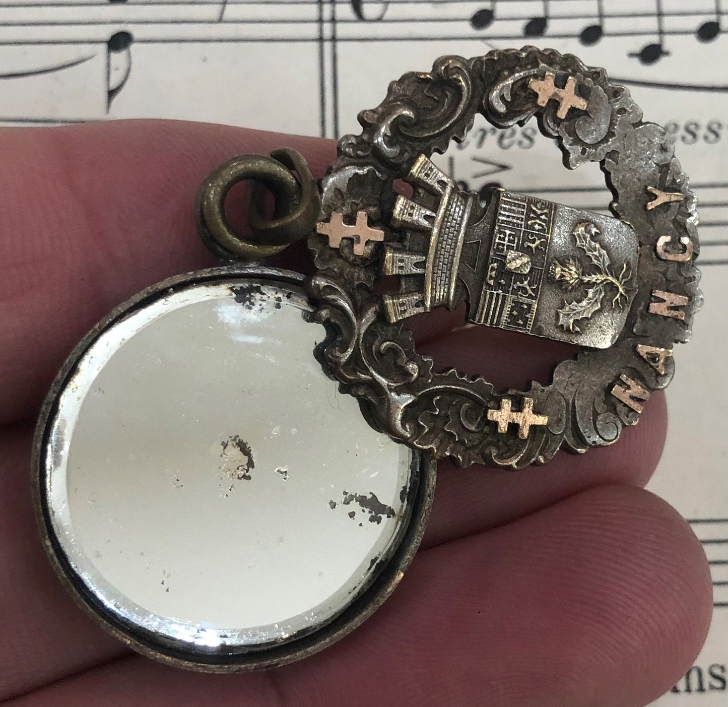 Antique French Art Nouveau Sliding Mirror Pendant Nancy Alsatian Cross c1900