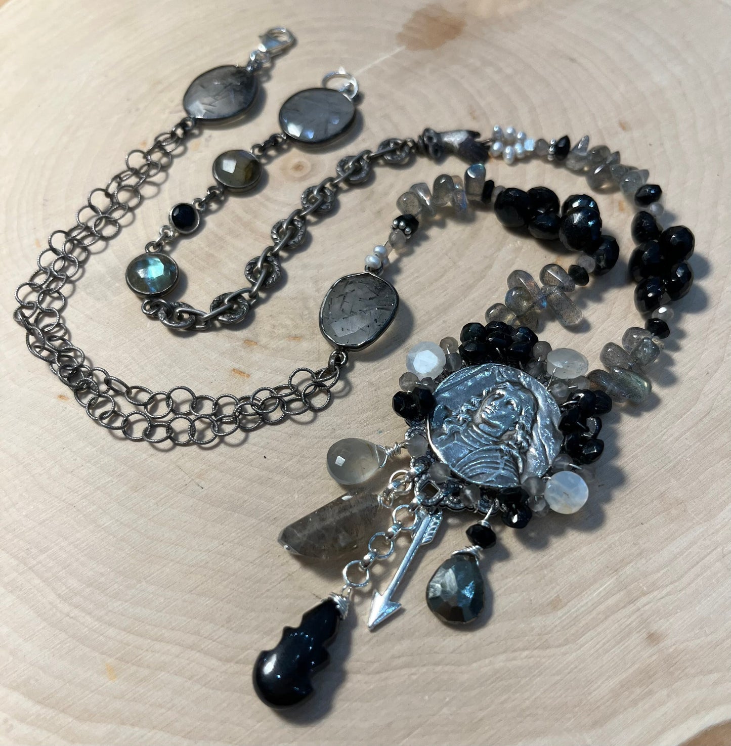 Joan of Arc necklace with labradorite, black tourmaline and pyrite on filigree
