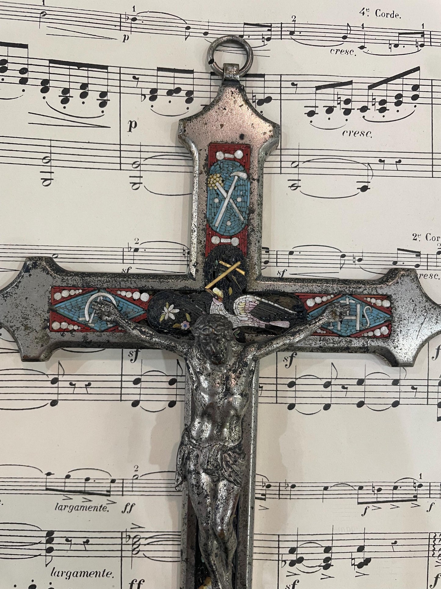 Large Antique Italian Micro Mosaic Micromosaic Cross Crucifix Bird c1900