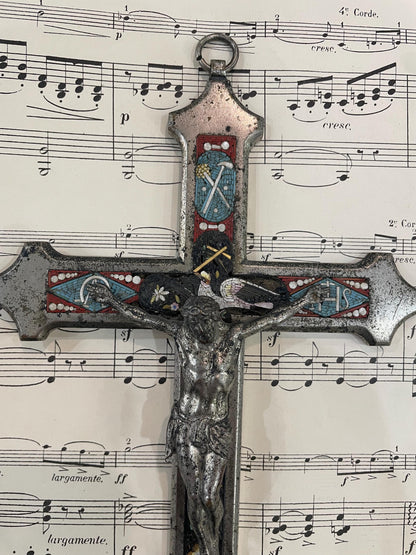 Large Antique Italian Micro Mosaic Micromosaic Cross Crucifix Bird c1900