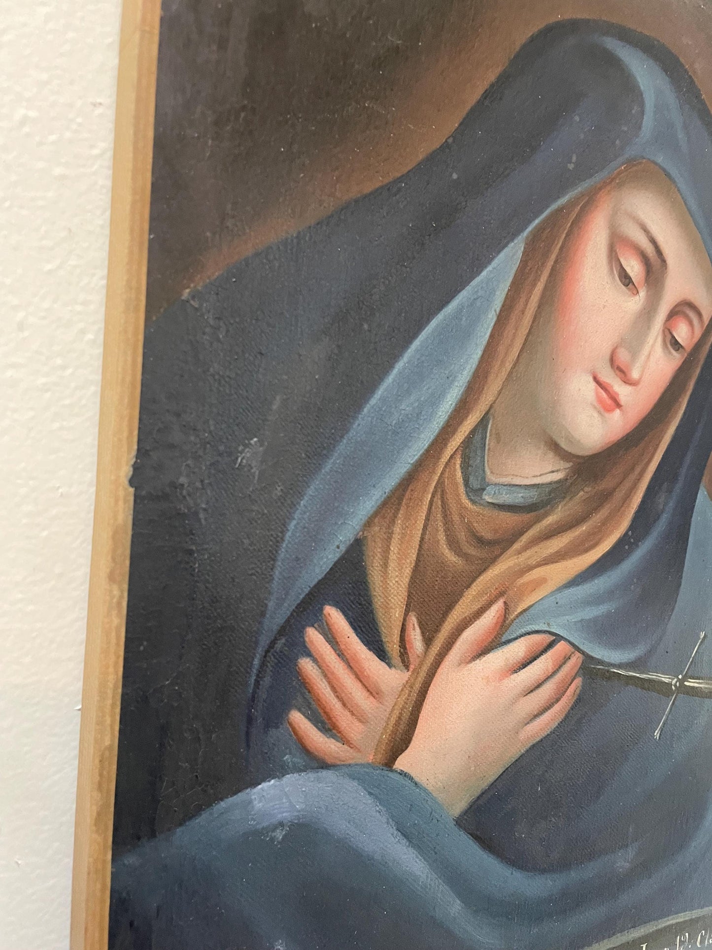 Rare Antique French Oil on Canvas Religious Painting Virgin Mary c1830