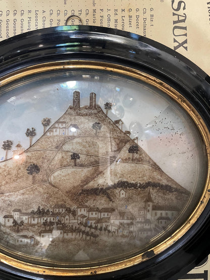 RARE Large Antique French Mourning Hair Art Domed Glass Wooden Frame Village Saint Cere c1860