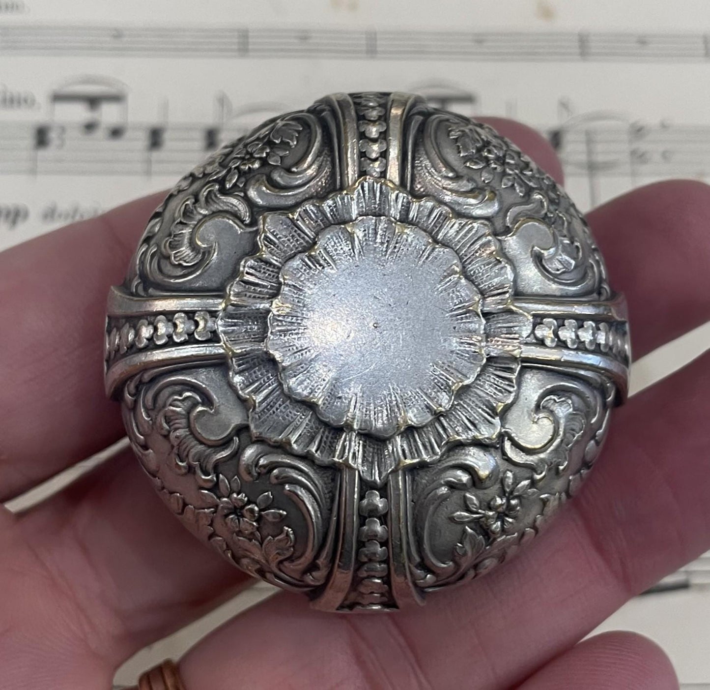 Antique French Pill Box Powder Puff with Mirror Flowers c1900