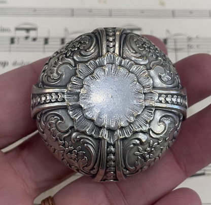 Antique French Pill Box Powder Puff with Mirror Flowers c1900