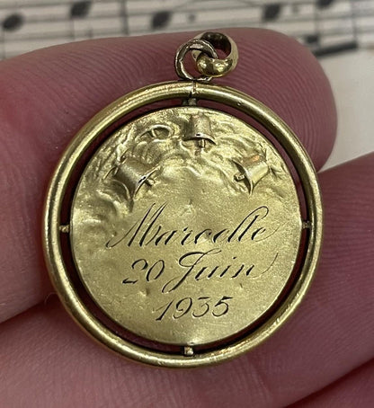 Antique French Gold-Filled First Communion Angel Religious Medal c1935