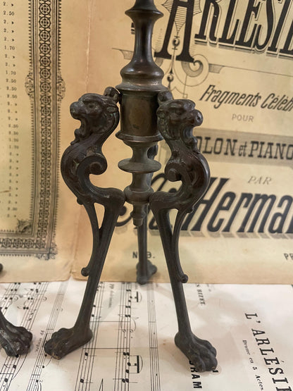 Antique French Art Nouveau Bronze Candlestick Holders Lions c1880