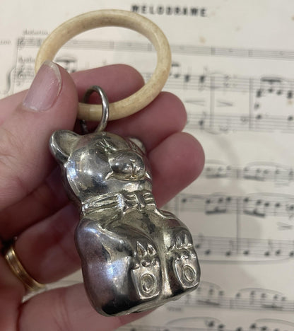 Antique French Art Nouveau Silver Plated Baby Rattle Teething Ring Teddy Bear c1920