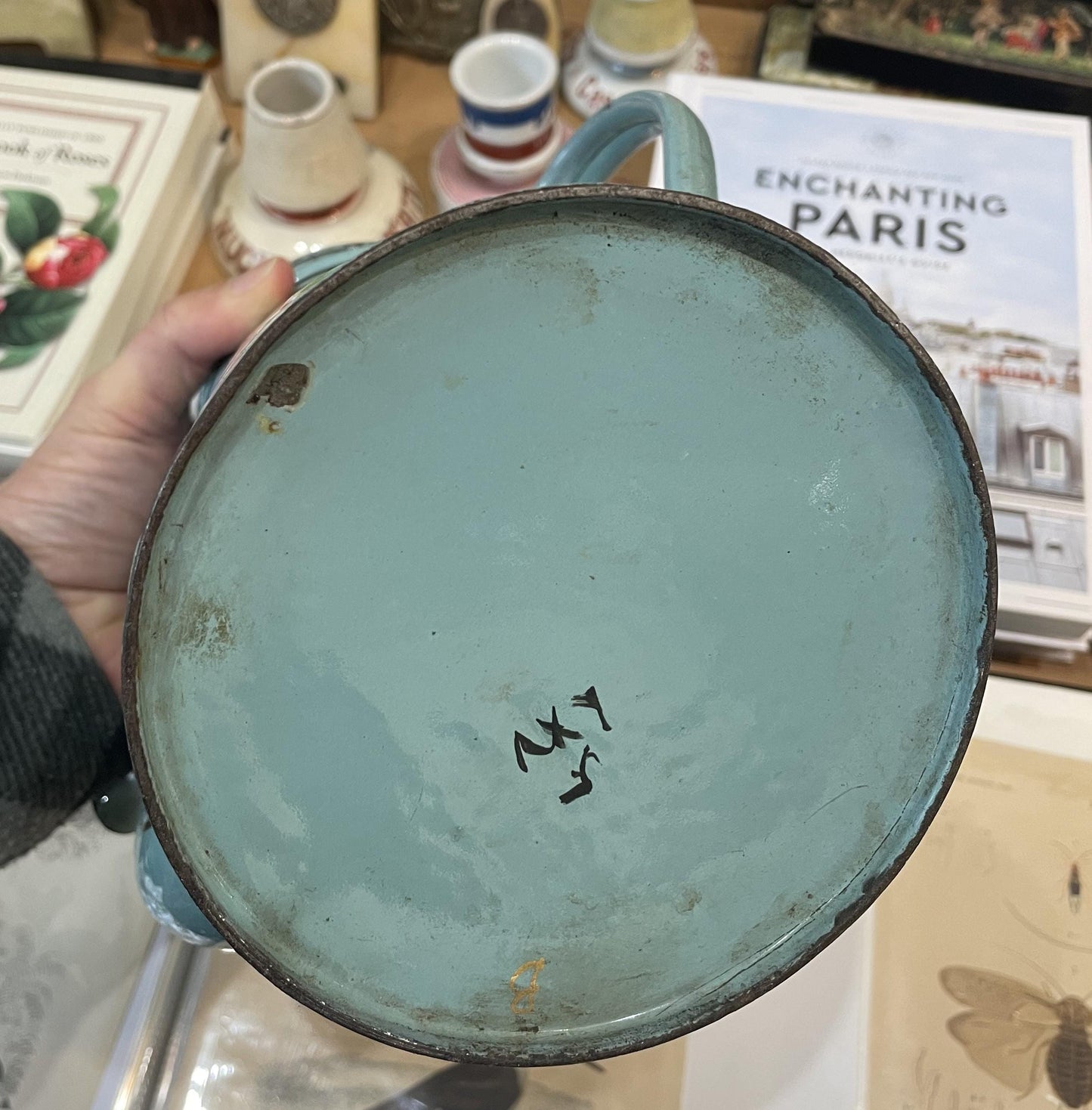 Rare Antique French Enamelware Coffee Pot Palette Flowers c1920