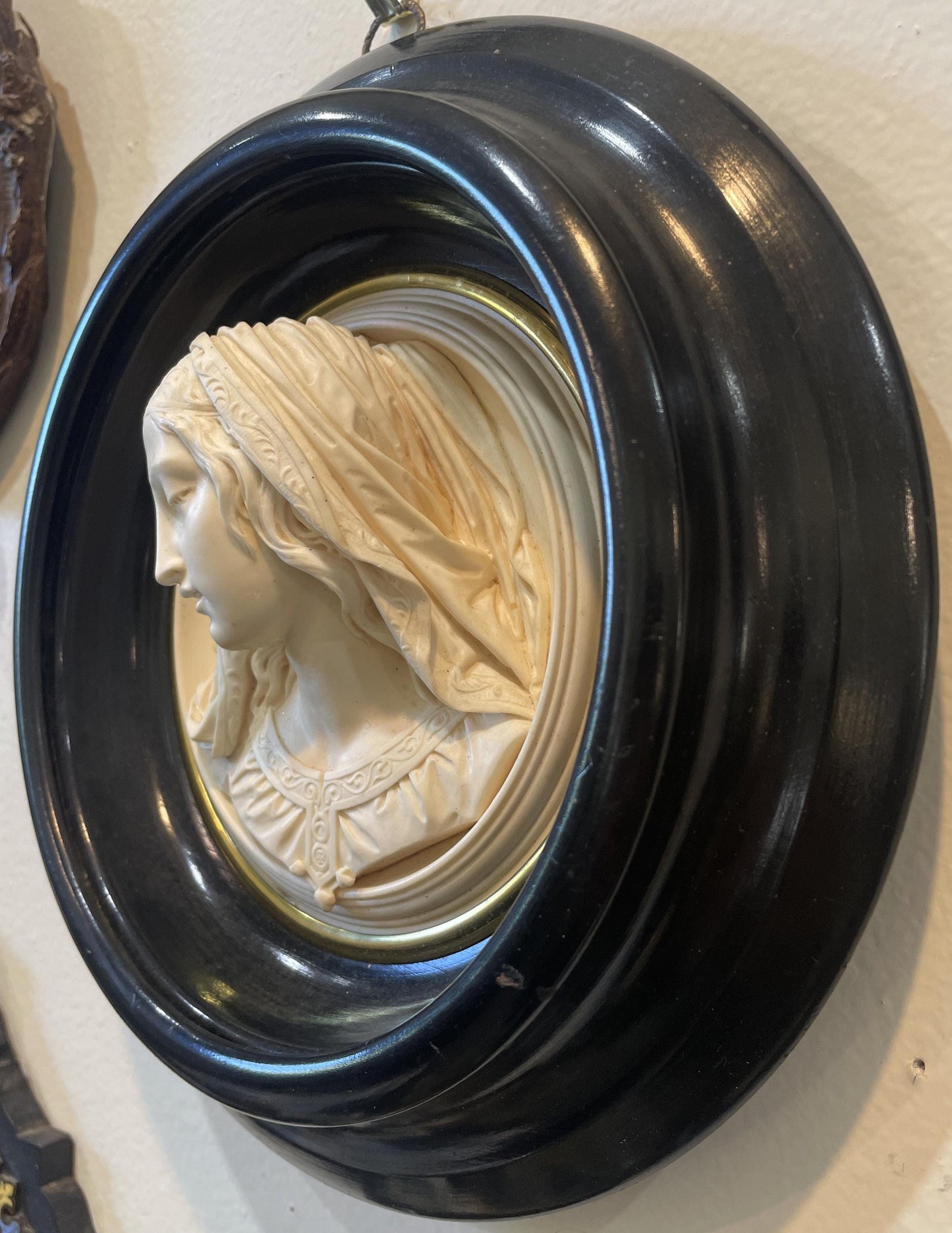 Rare Large French Antique Carved Plaster Mary Signed Wall Icon c1854