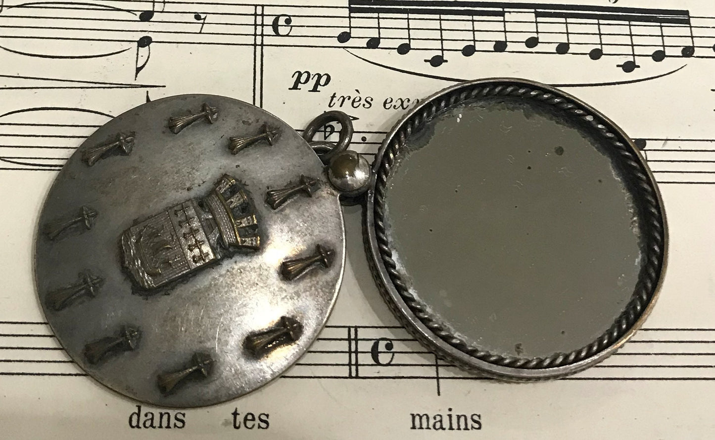 Antique French Art Nouveau Sliding Mirror Pendant Alsatian Cross Shield with Boat c1900