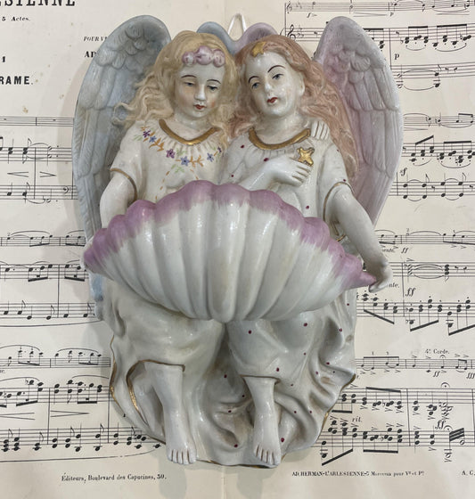 Rare Large Antique French Porcelain Angel Holy Water Font c1880