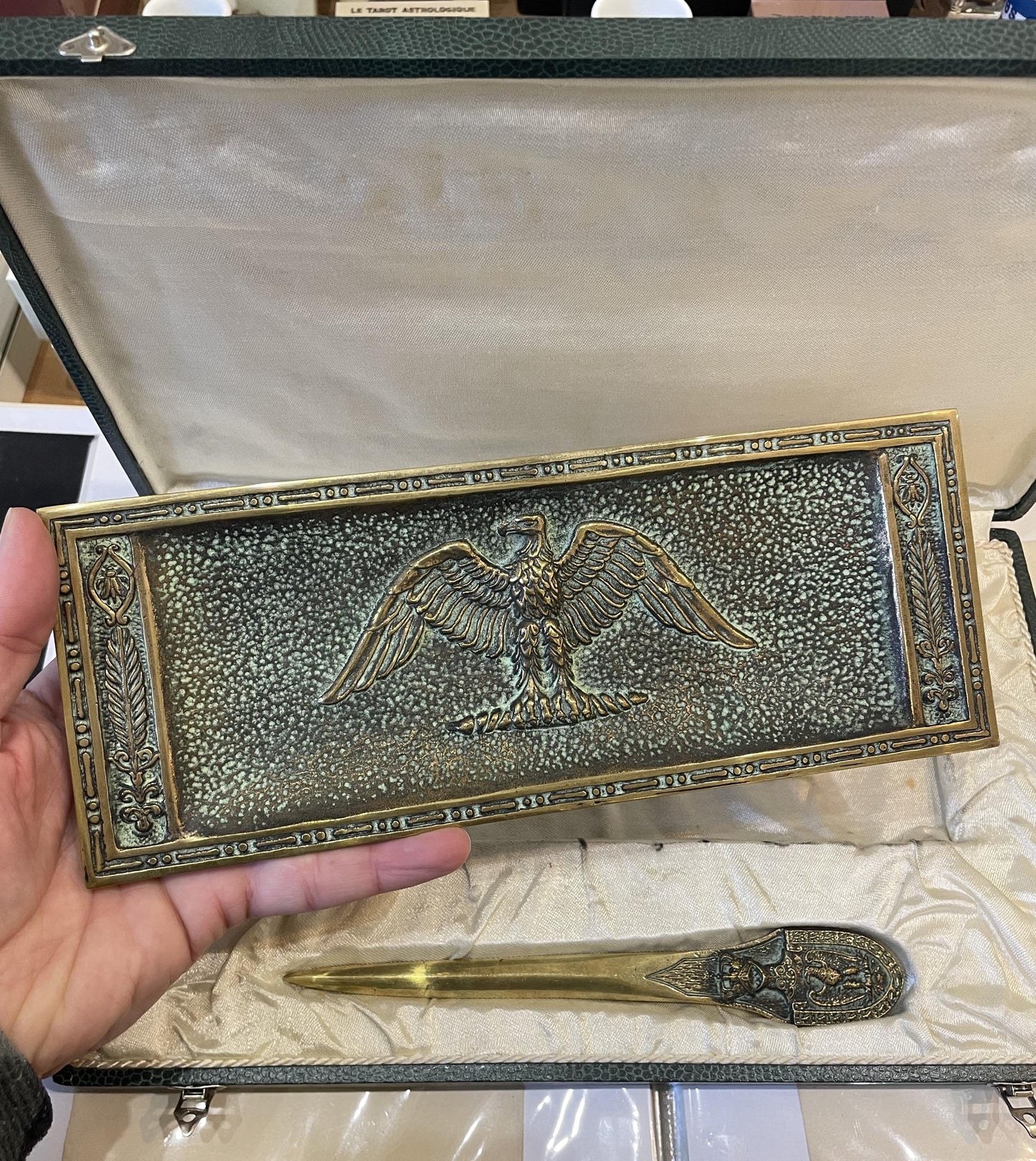 Rare Antique French Max Le Verrier Bronze Set Tray Letter Opener Eagle Original Box c1940