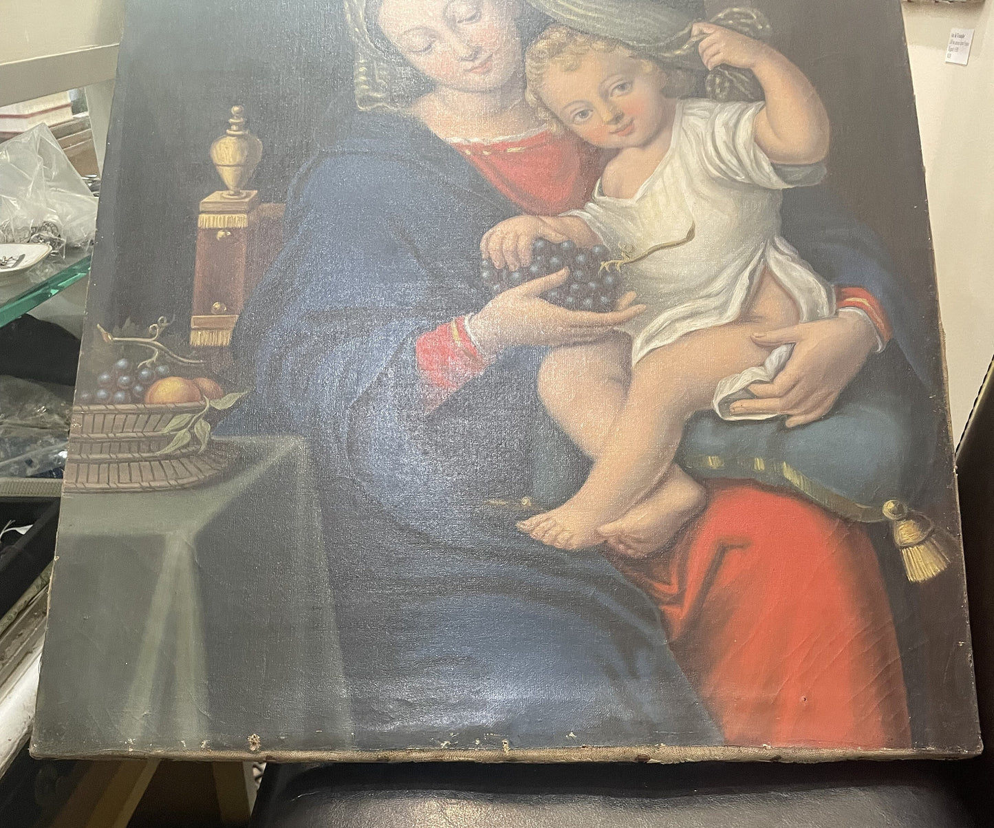 Rare Antique French Oil on Canvas Religious Painting The Virgin of the Grapes after Pierre MIGNARD c1830's