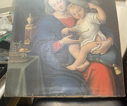 Rare Antique French Oil on Canvas Religious Painting The Virgin of the Grapes after Pierre MIGNARD c1830's