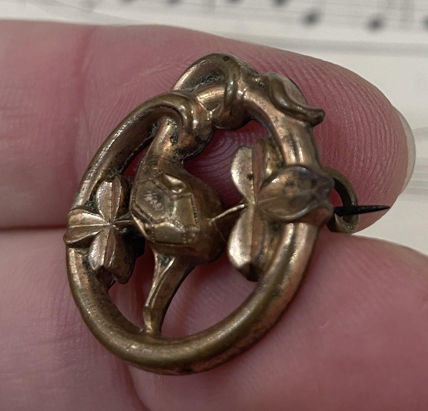 Rare Antique French Art Nouveau Gold Plated Brooch Snake Serpent Clovers c1920