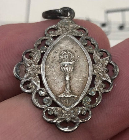 Antique French Art Nouveau Sterling Silver First Communion Medal Chalice c1904